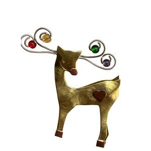 Whimsical Reindeer Pin Brooch Multicolor Beads with Copper Colored Accents